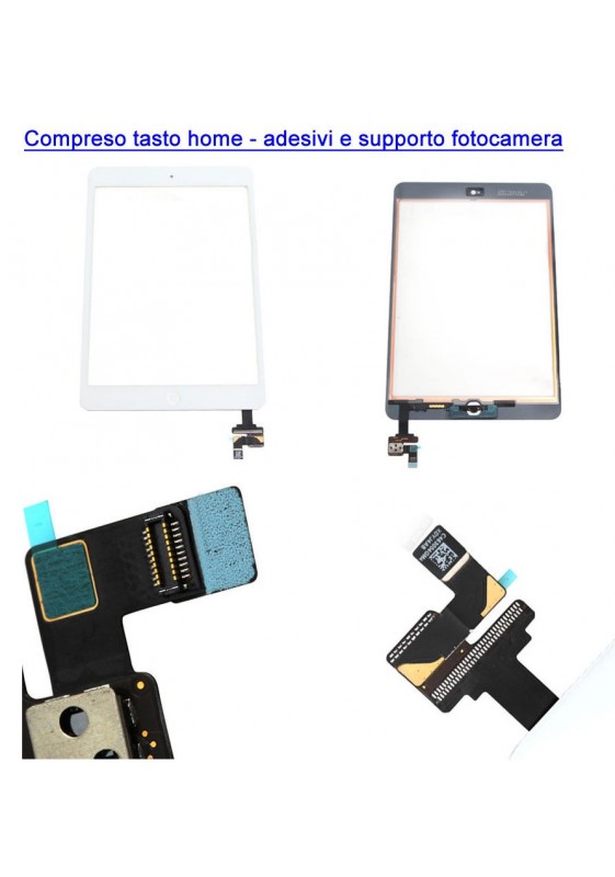 TOUCH SCREEN VETRO IPAD MINI 2 A1489 A1490 A1491 TASTO HOME + IC + ADESIVI BIANCO